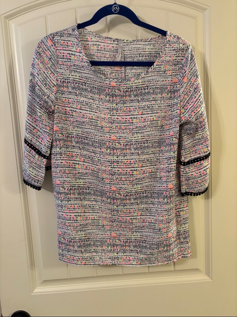 Pastel Multi-Stripe Scoop Neck Blouse with Black Trim